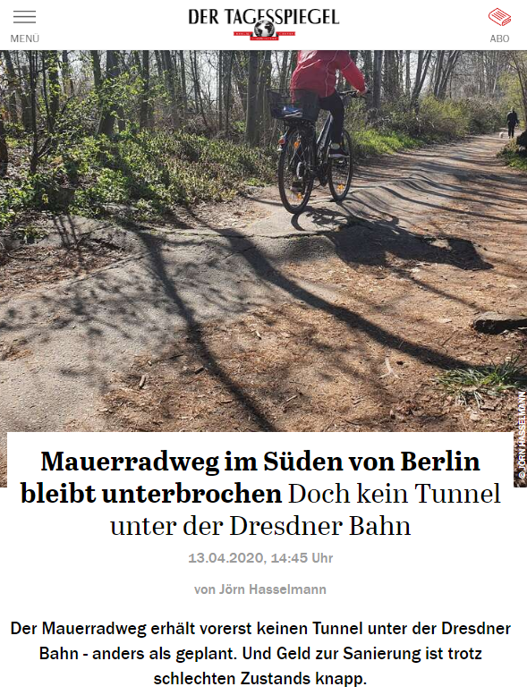 Tagesspiegel vom 13.04.2020: Mauerradweg im Süden von Berlin bleibt unterbrochen
